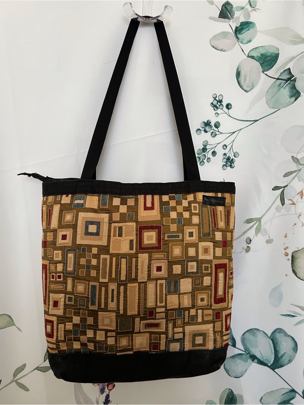 Tapestry Mosaic Tote Bag with Black Straps by Rose City Totes